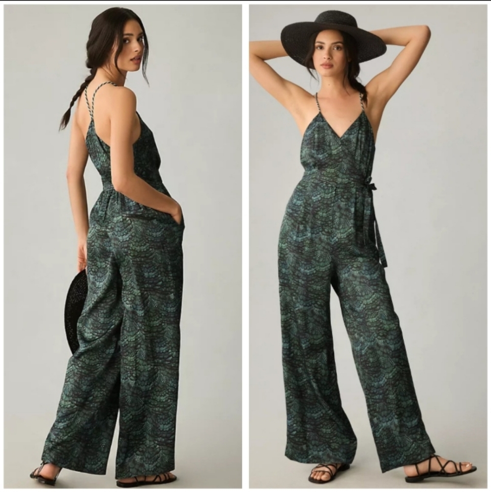 Scotch & Soda Green Satin Paisley V-Neck Racerback Jumpsuit Size M